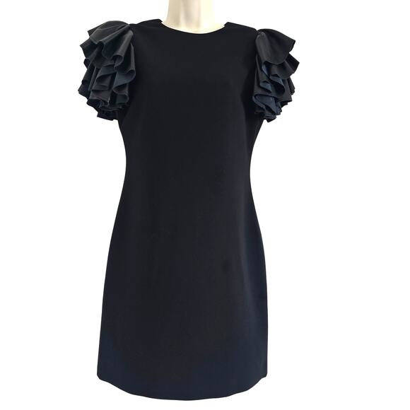 Alice + Olivia Black Eunice Vegan Leather Ruffle-sleeve Mini Dress Size 2 LBD - Picture 2 of 8